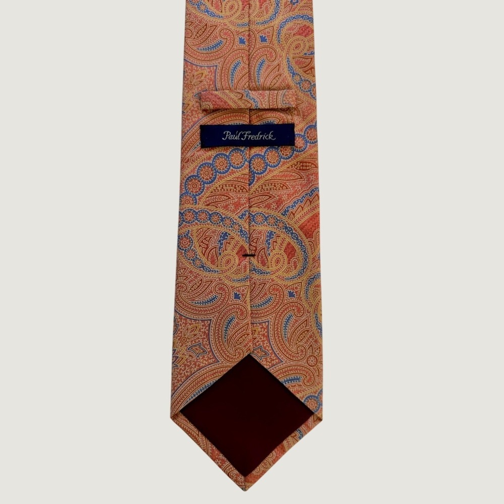 100% Silk Men's Paul Fredrick Orange, Apricot, Blue & Gold Paisley Brocade Tie - Picture 4 of 7